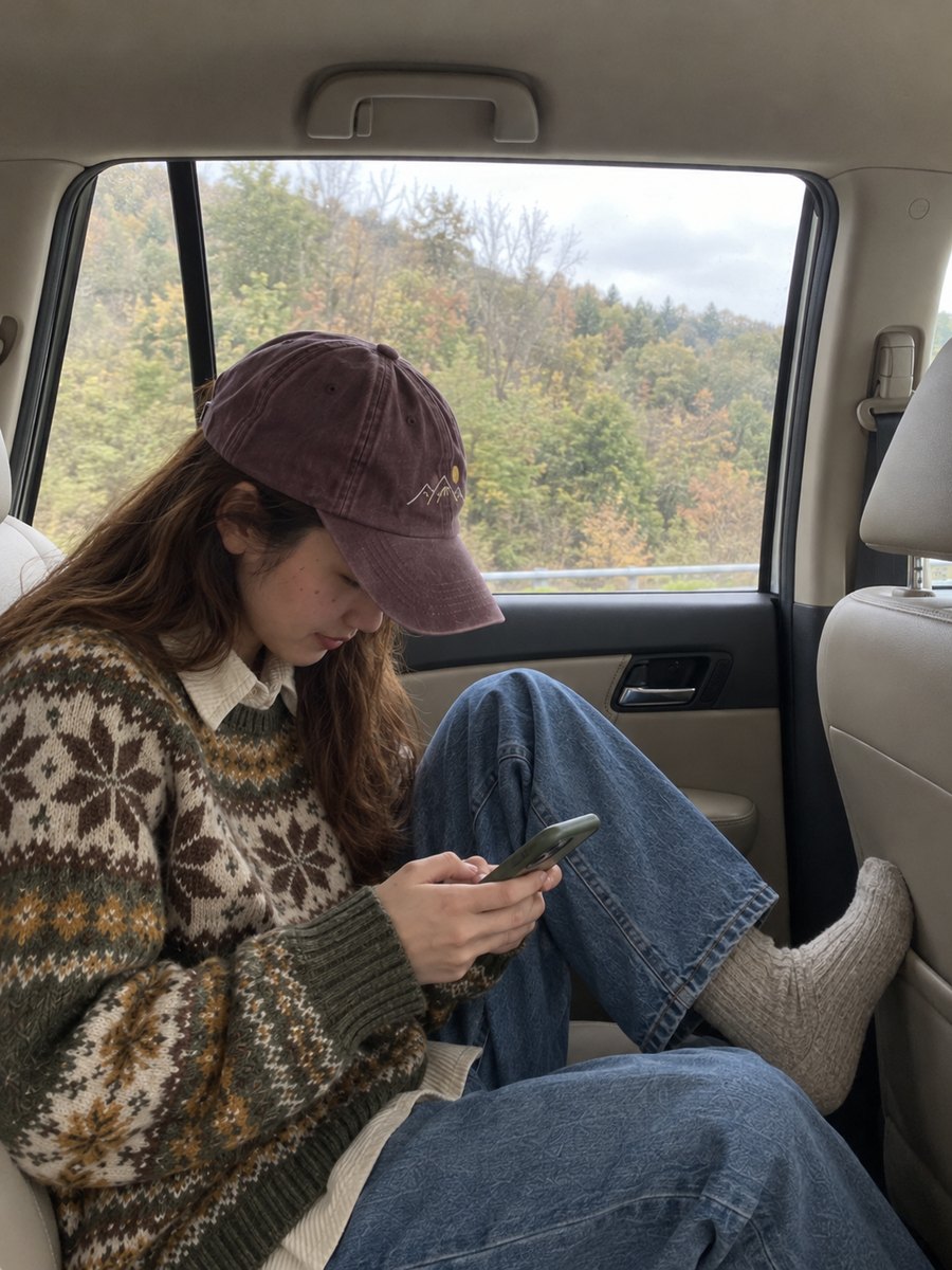 #3 차 뒷좌석에서 폰을 보는 모델